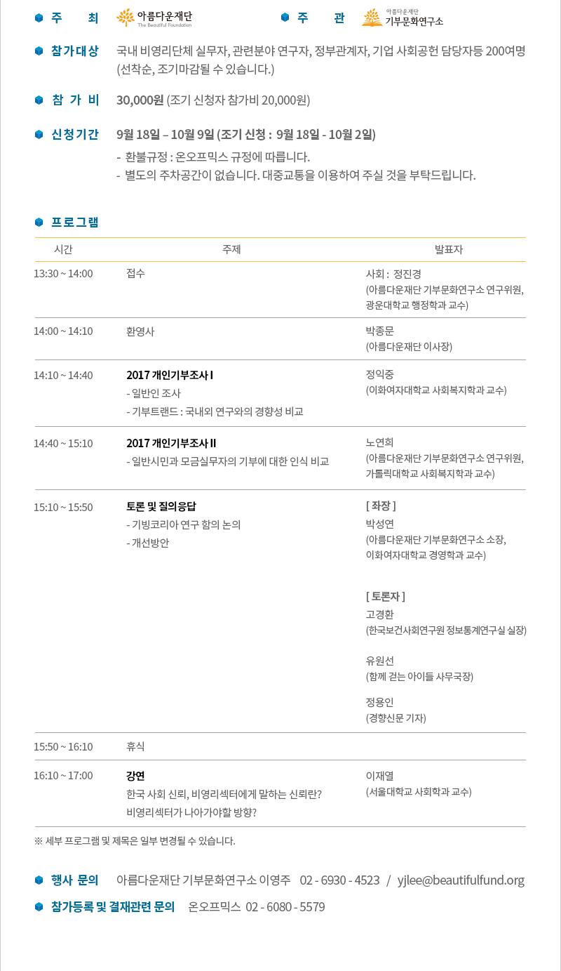 주최:아름다운재단. 주관:기부문화연구소. 참가대상 : 국내 비영리단체 실무자, 관련분야 연구자, 정부관계자, 기업 사회공헌 담당자등 200여명 (선착순, 조기마감될 수 있습니다.). 참가비 : 30,000원 (조기 신청자 참가비 20,000원 / 설문조사 참가자 15,000원 - ※ 설문조사 참가자는 개별메일을 통해 쿠폰이 지급됩니다.). 신청기간 : 9월 27일 – 10월 9일 (조기 신청 : 9월 27일 – 10월 2일). 행사 문의 : 아름다운재단 기부문화연구소 이영주 02-6930-4523 yjlee@dev-bf.org. 참가등록 및 결재관련 문의 온오프믹스 02-6080-5579