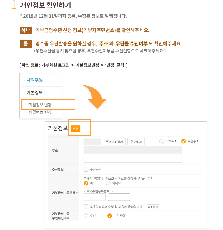 1.개인정보 확인하기.* 2016년 12월 31일까지 등록, 수정된 정보로 발행됩니다. 하나, 기부금영수증 신청 정보(기부자주민번호)를 확인해주세요.둘, 영수증 우편발송을 원하실 경우, 주소와 우편물 수신여부도 확인해주세요.(우편수신을 원치 않으실 경우, 우편수신여부를 수신안함로 체크해주세요.) 확인 경로 : 기부회원 로그인 후 회원정보 조회/변경 클릭한 후 기본정보수정 클릭 